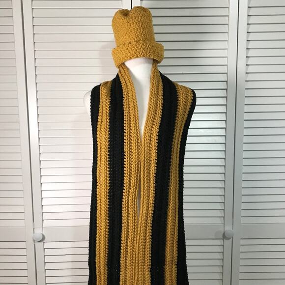 Handmade Accessories - NWT Handmade Crocheted Black Gold Textured Beanie Shawl Scarf 68”